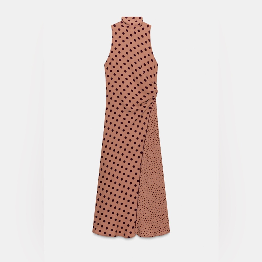 Zara Polka Dot Midi Dress NWT Size Small Toffee color w/ deep plum polka dots